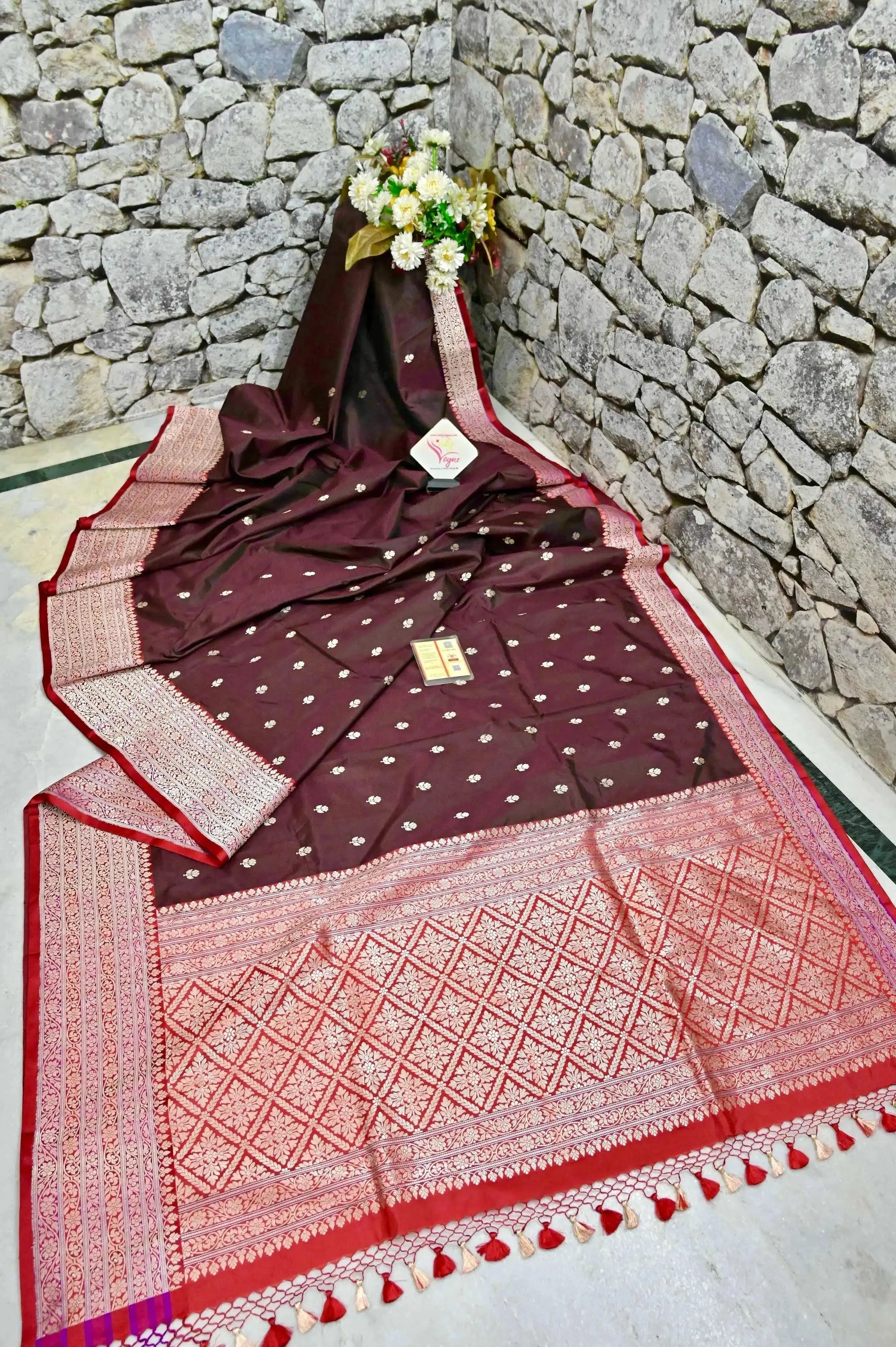 Dark Brown Color Pure Katan Banarasi Silk Saree With Multicolored Border