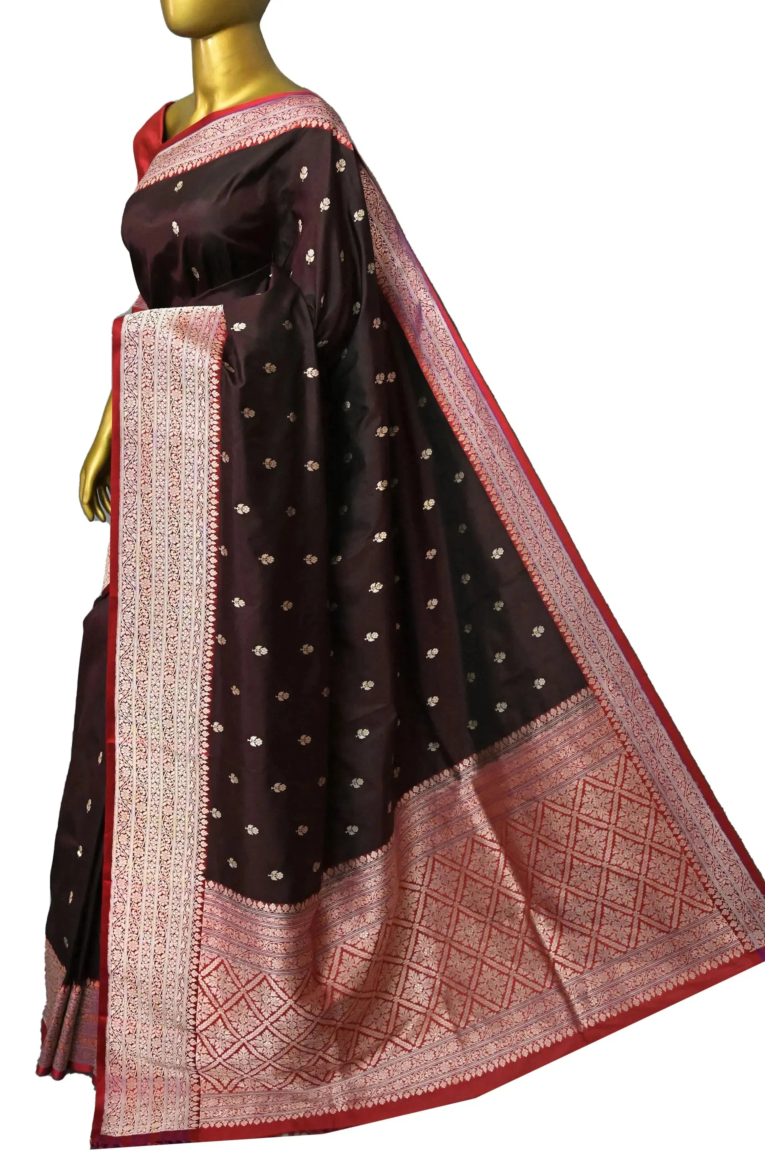 Dark Brown Color Pure Katan Banarasi Silk Saree With Multicolored Border