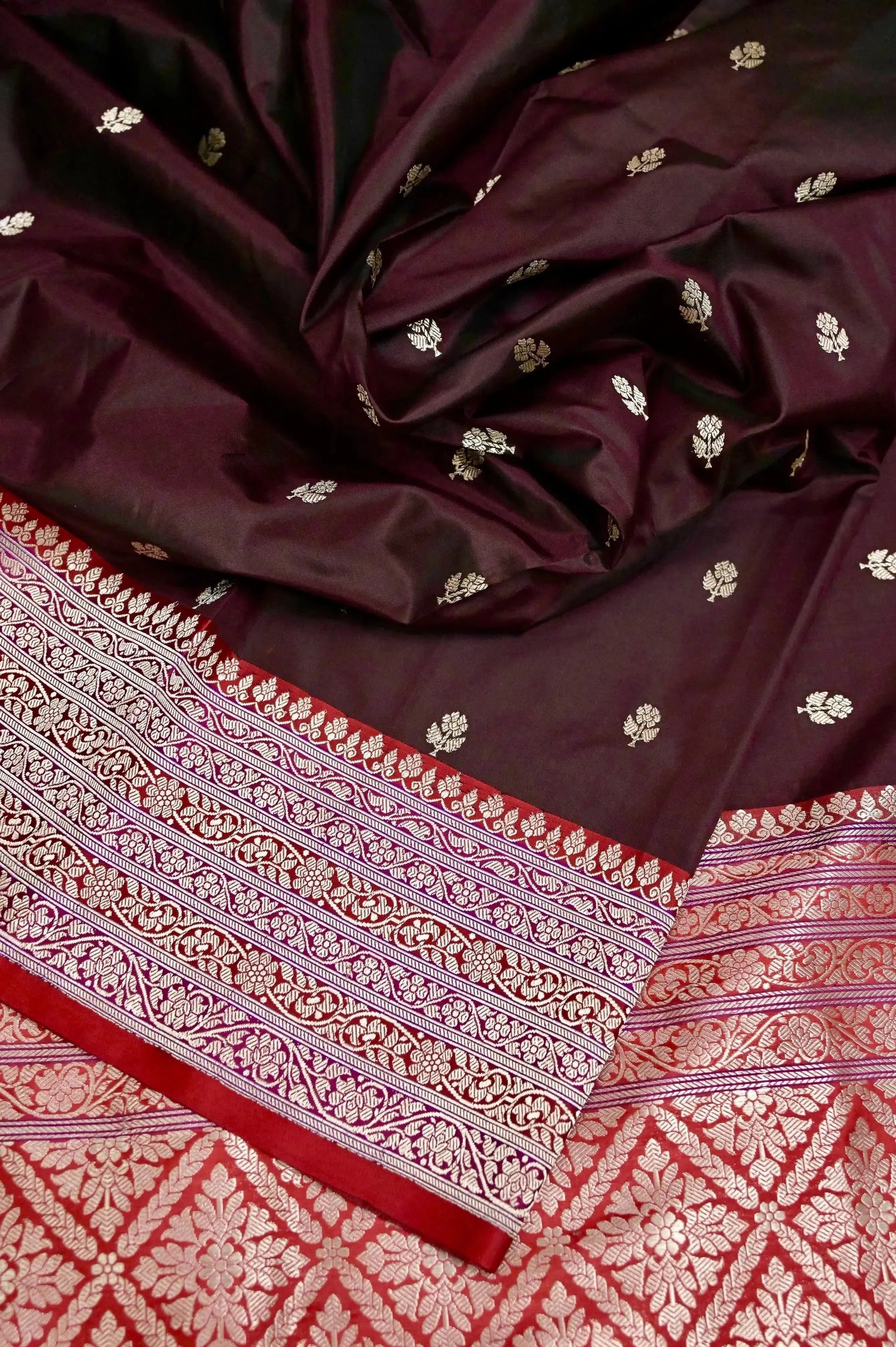 Dark Brown Color Pure Katan Banarasi Silk Saree With Multicolored Border