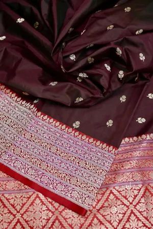 Dark Brown Color Pure Katan Banarasi Silk Saree With Multicolored Border