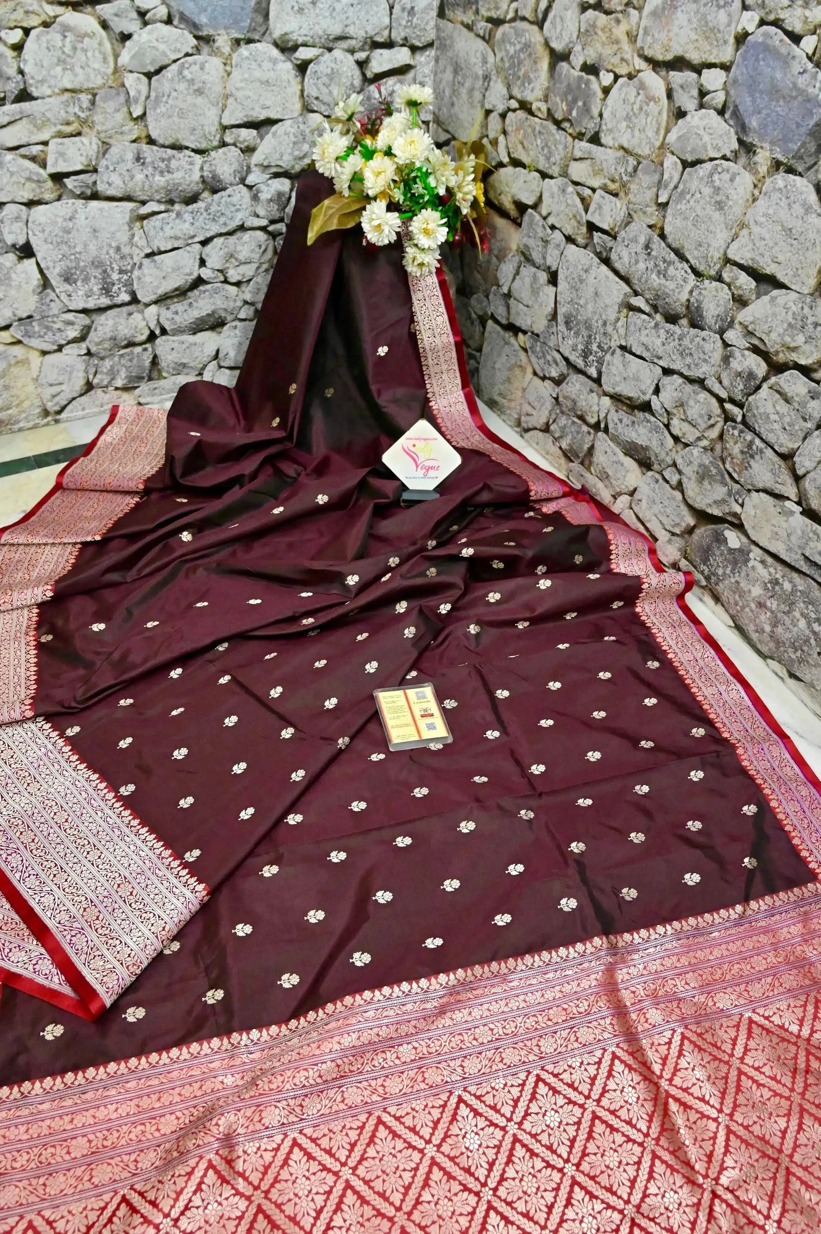 Dark Brown Color Pure Katan Banarasi Silk Saree With Multicolored Border