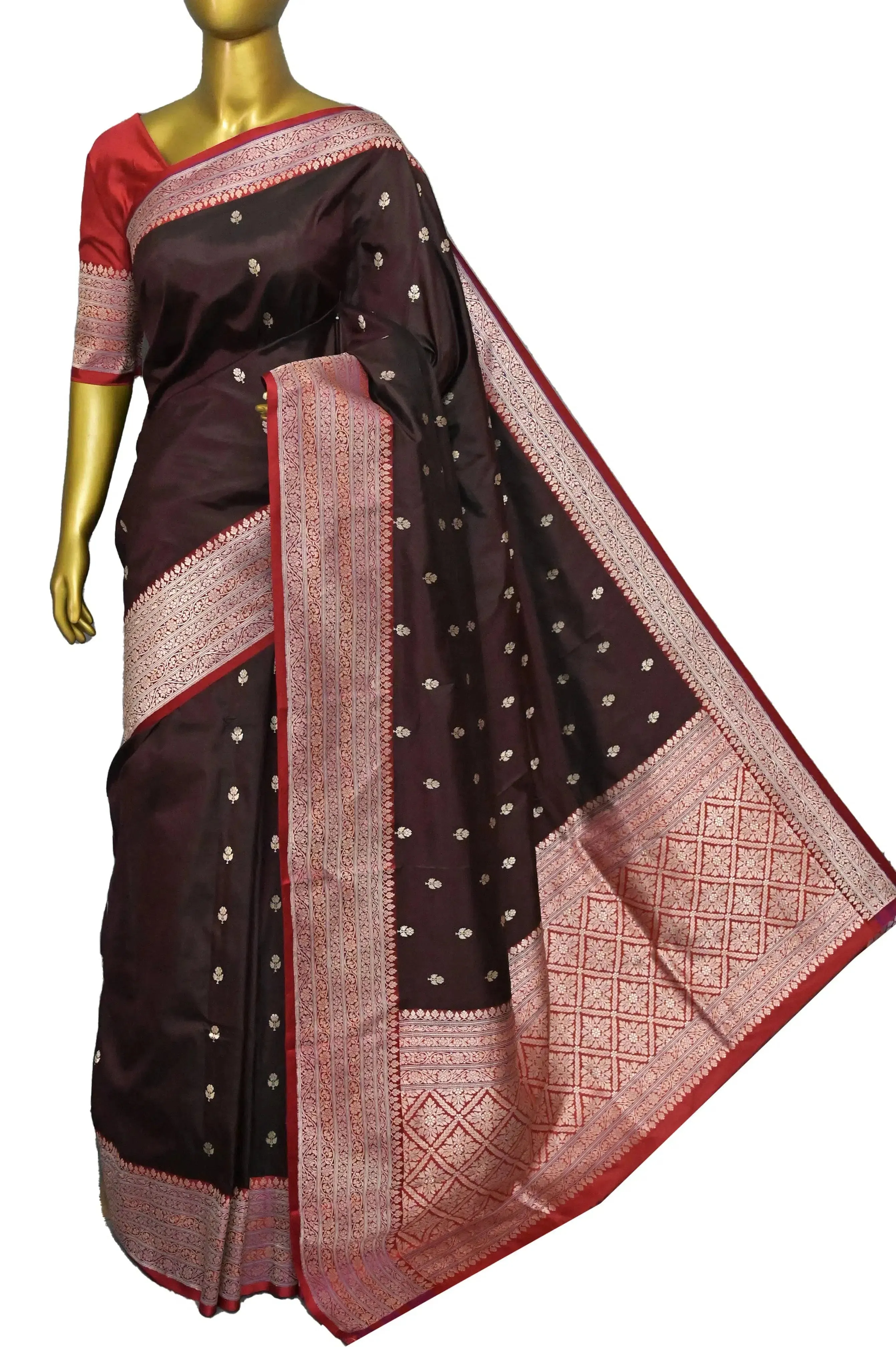Dark Brown Color Pure Katan Banarasi Silk Saree With Multicolored Border