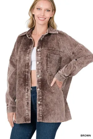 Dark Brown Oversized Premium Vintage Washed Corduroy Shacket