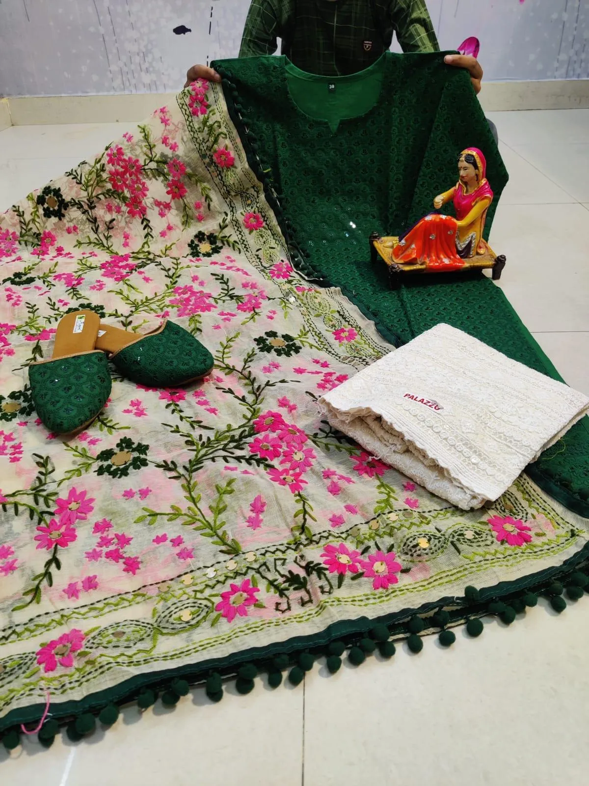 Design-2 Green Pure Cotton Phulkari Suit with Beautiful Handmade Mirror Work Shopping Online