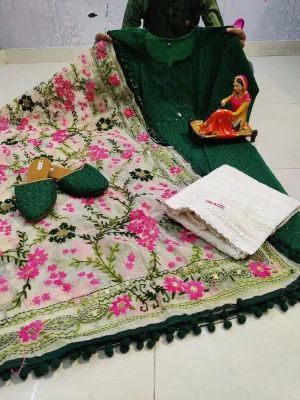 Design-2 Green Pure Cotton Phulkari Suit with Beautiful Handmade Mirror Work Shopping Online