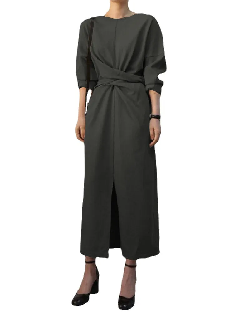 Elegant Solid Color Cross-lace Design Split Hem Long Sleeve Maxi Dress