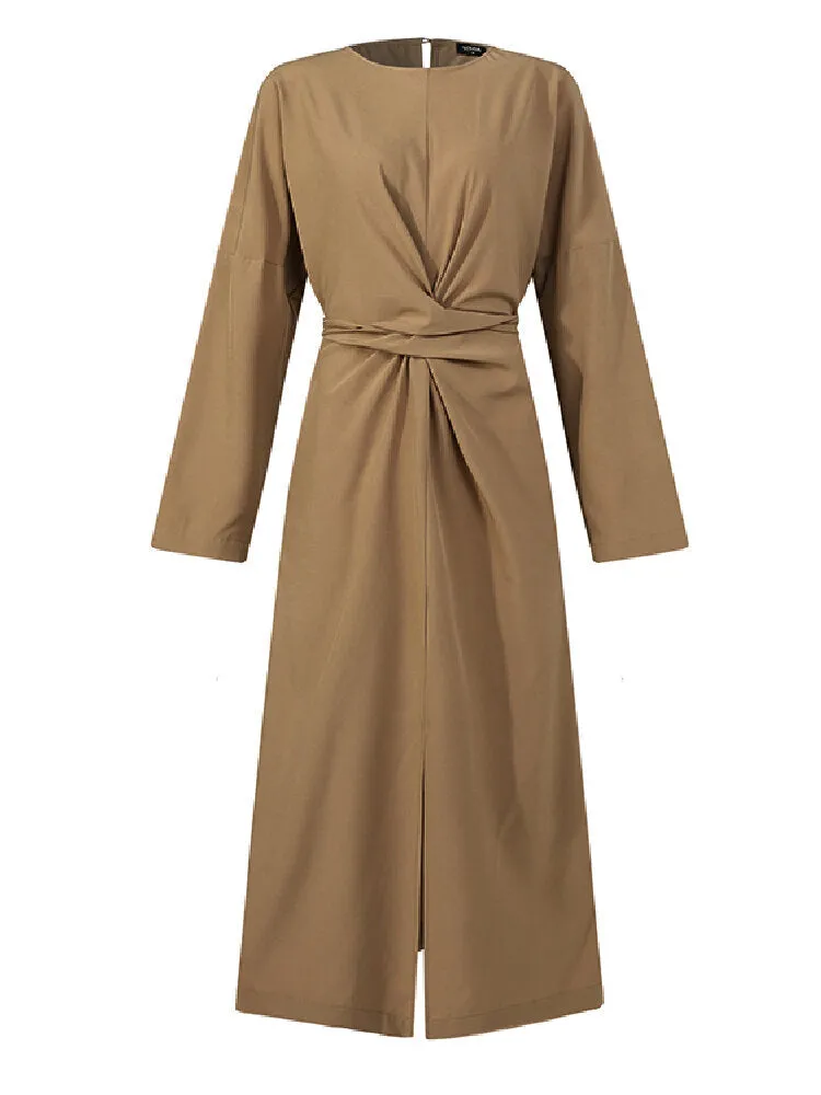 Elegant Solid Color Cross-lace Design Split Hem Long Sleeve Maxi Dress
