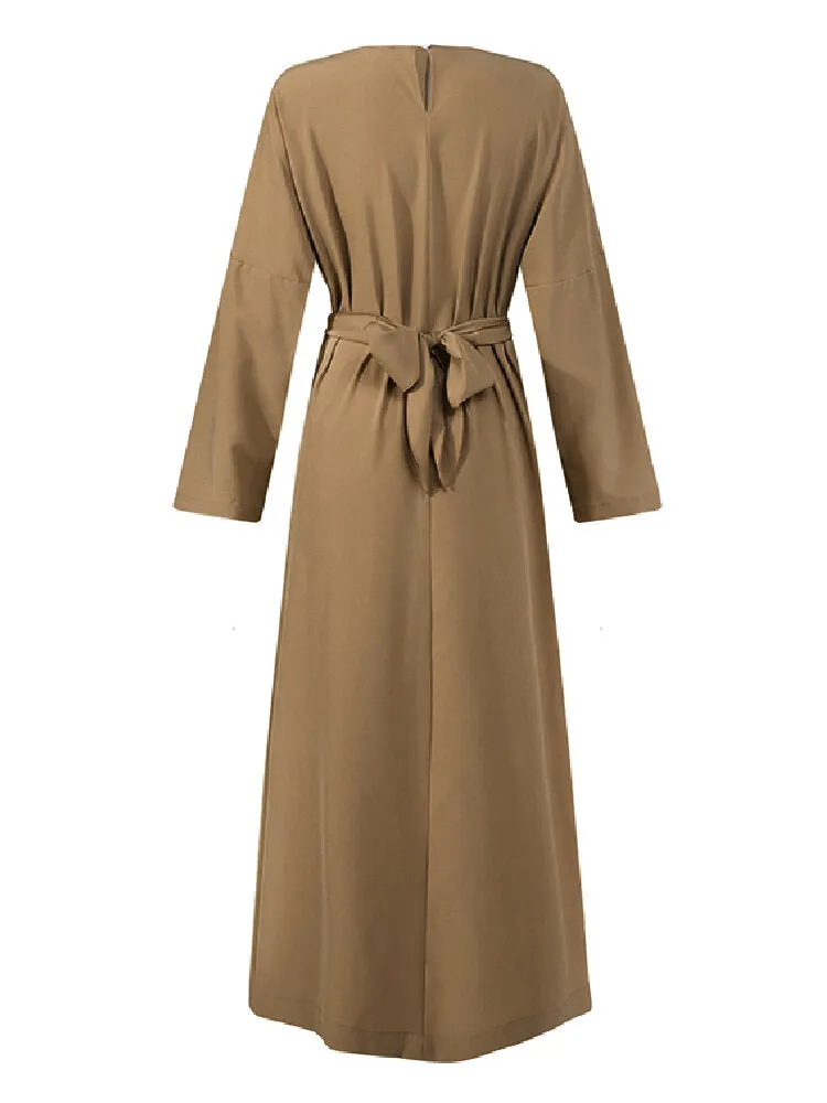 Elegant Solid Color Cross-lace Design Split Hem Long Sleeve Maxi Dress