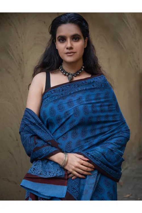 Exclusive Bagh Hand Block Printed Cotton Saree - Blue Paisleys