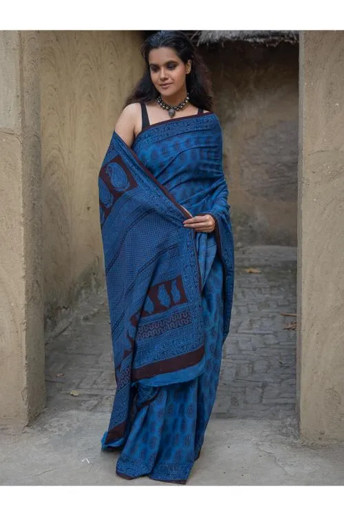 Exclusive Bagh Hand Block Printed Cotton Saree - Blue Paisleys