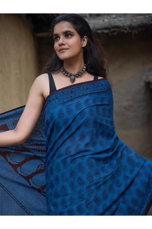 Exclusive Bagh Hand Block Printed Cotton Saree - Blue Paisleys