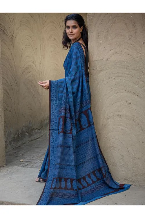 Exclusive Bagh Hand Block Printed Cotton Saree - Blue Paisleys