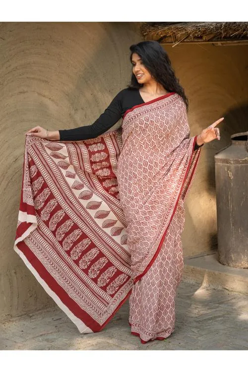Exclusive Bagh Hand Block Printed Cotton Saree - Leaf Ornate