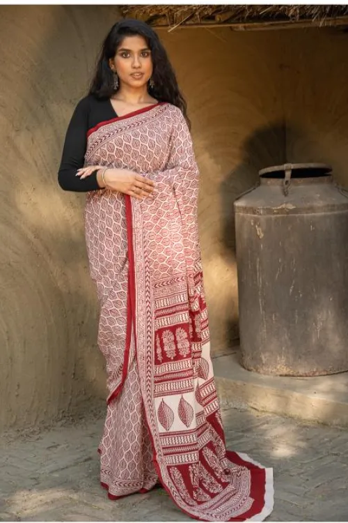 Exclusive Bagh Hand Block Printed Cotton Saree - Leaf Ornate