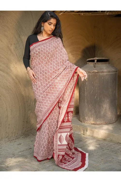 Exclusive Bagh Hand Block Printed Cotton Saree - Leaf Ornate