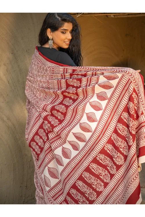 Exclusive Bagh Hand Block Printed Cotton Saree - Leaf Ornate