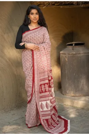 Exclusive Bagh Hand Block Printed Cotton Saree - Leaf Ornate
