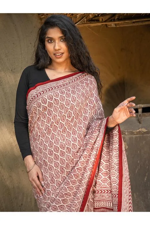 Exclusive Bagh Hand Block Printed Cotton Saree - Leaf Ornate