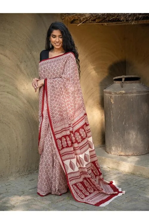 Exclusive Bagh Hand Block Printed Cotton Saree - Leaf Ornate