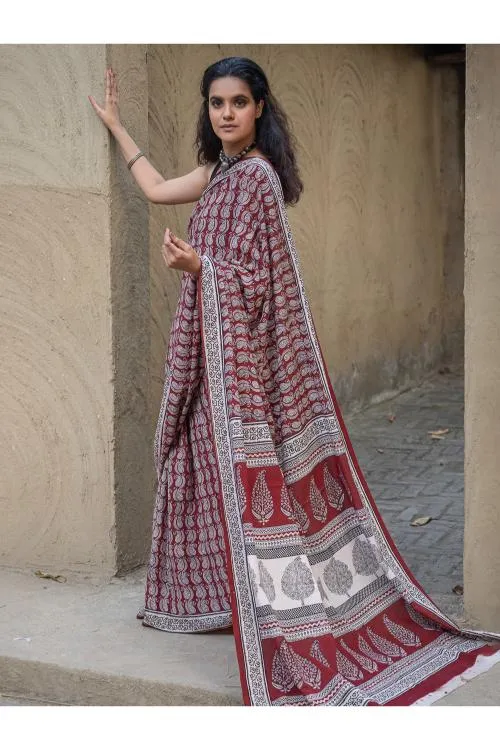 Exclusive Bagh Hand Block Printed Modal Silk Saree - Paisleys