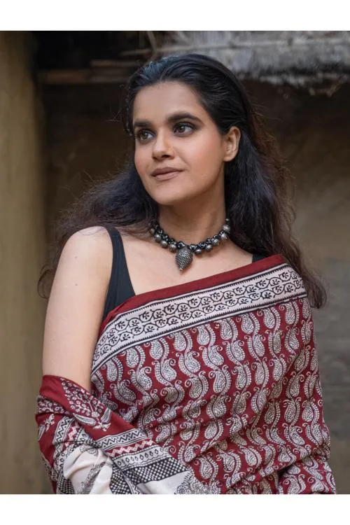 Exclusive Bagh Hand Block Printed Modal Silk Saree - Paisleys