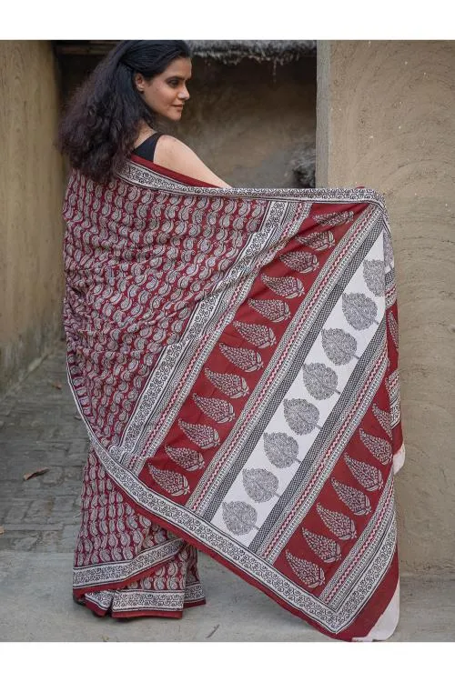 Exclusive Bagh Hand Block Printed Modal Silk Saree - Paisleys