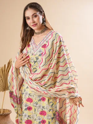 Floral Printed Mirror & Resham Embroidered Kurta with Pants & Dupatta - Yellow