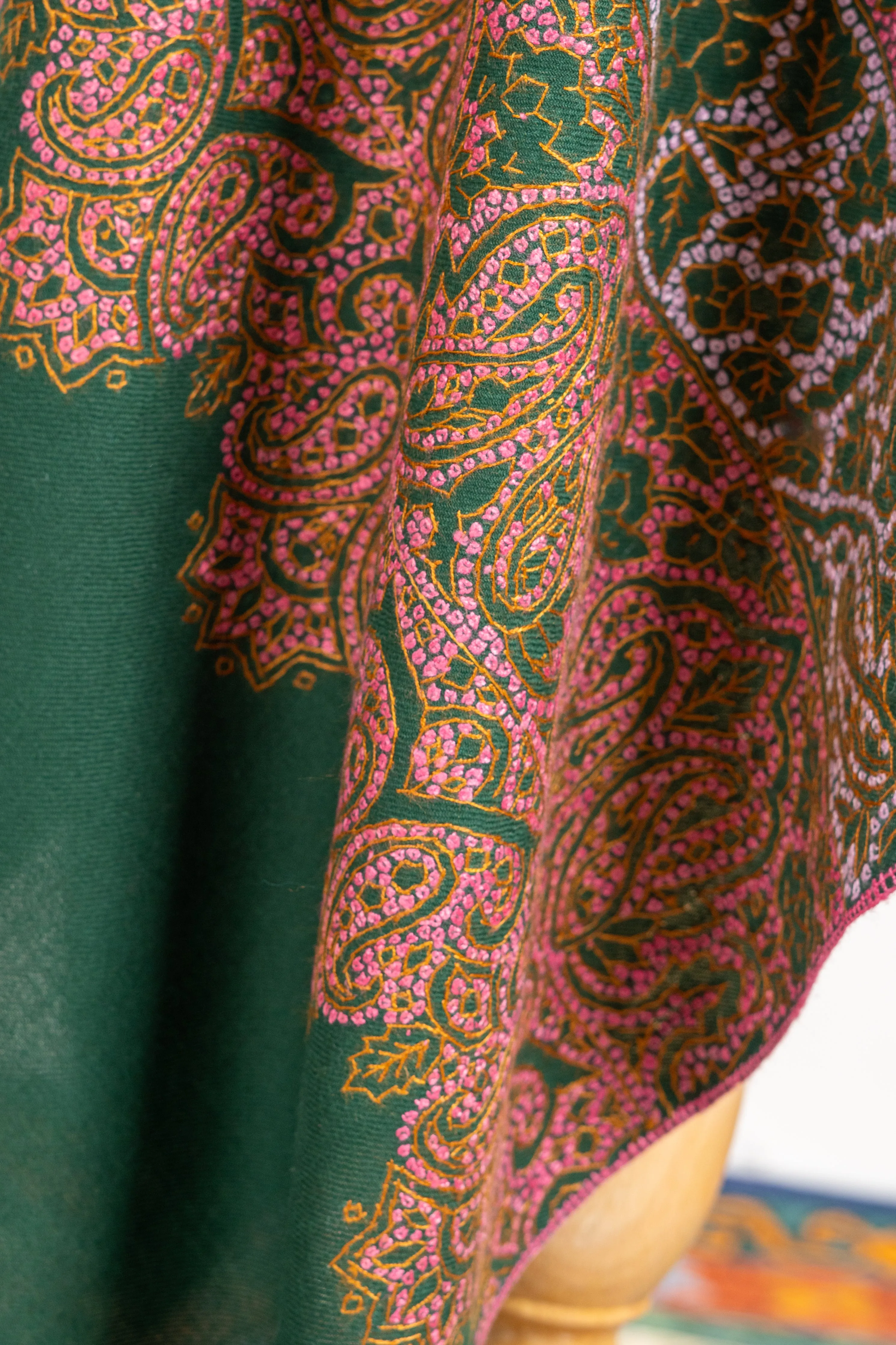 Forest Hues Finest Merino wool Hand-Embroidered Sozni Shawl