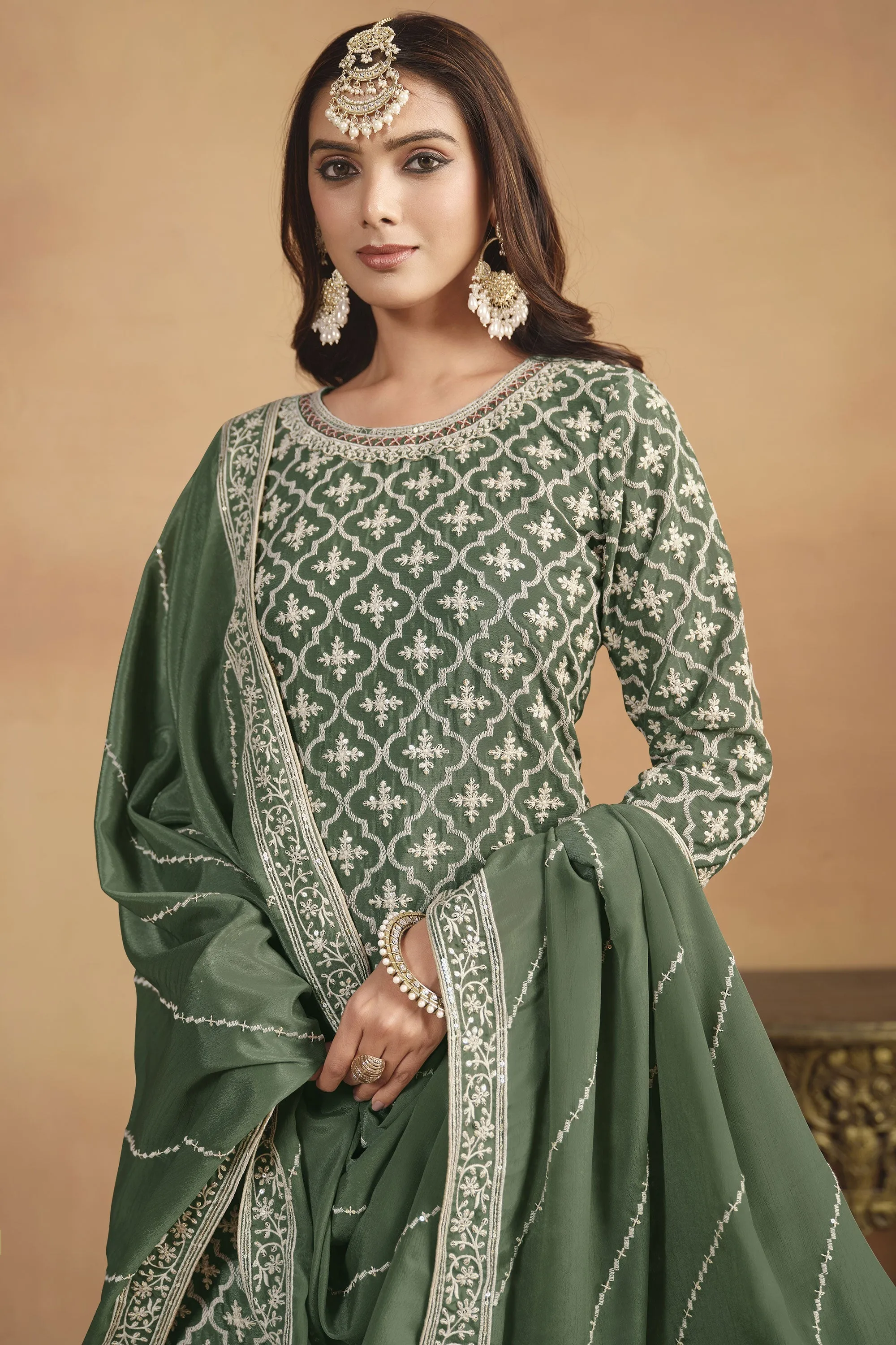 Glamorous Sea Green Color Sangeet Wear Chinon Fabric Sharara Top Lehenga