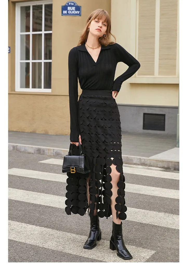 Grape hollow black skirt features a slim high waist and elegant tassels- Karol
