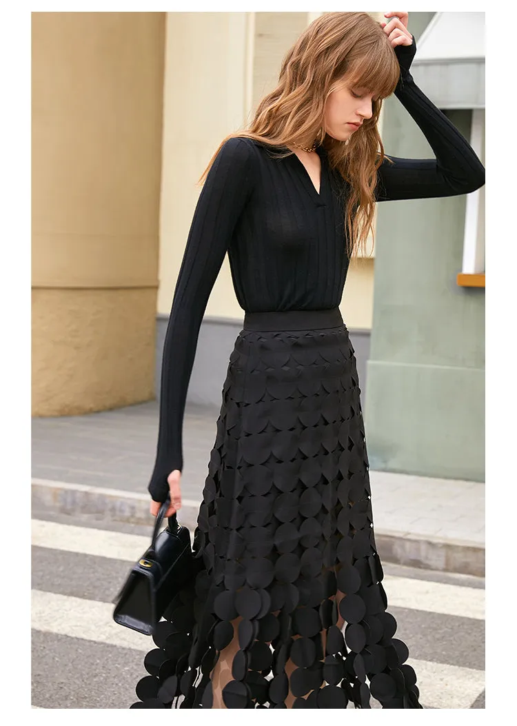 Grape hollow black skirt features a slim high waist and elegant tassels- Karol