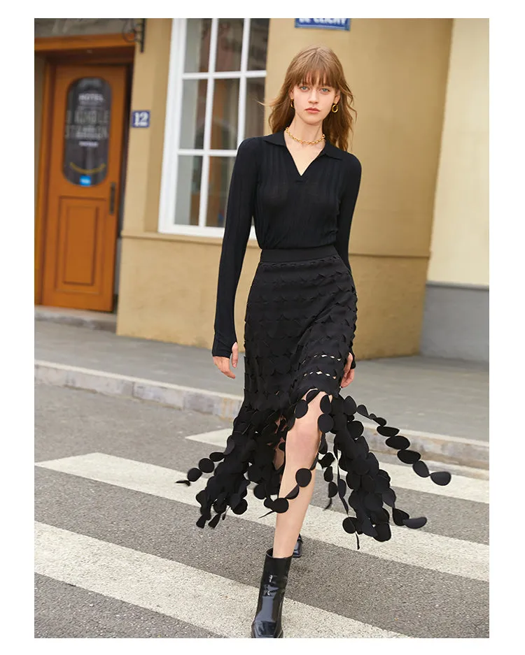 Grape hollow black skirt features a slim high waist and elegant tassels- Karol