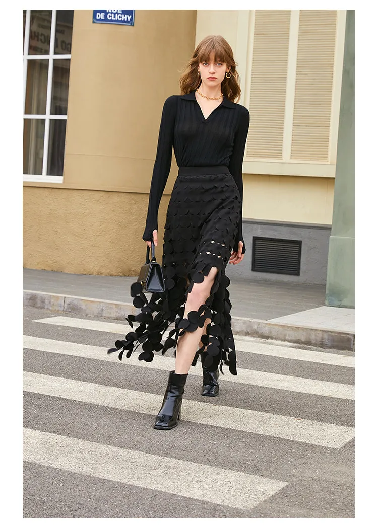 Grape hollow black skirt features a slim high waist and elegant tassels- Karol