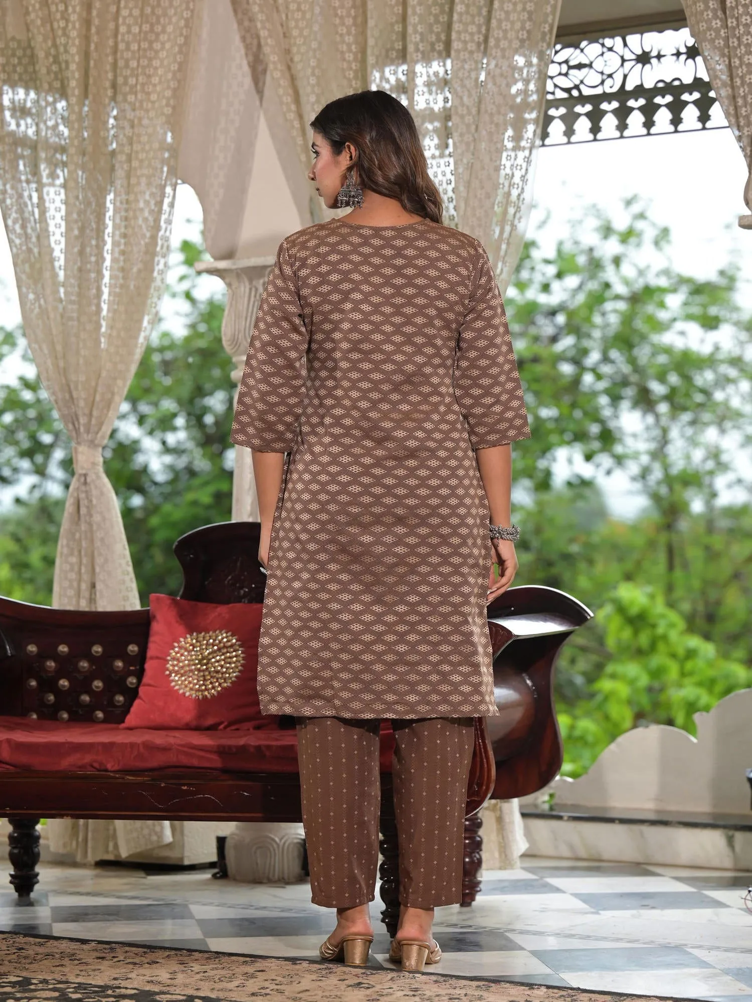 Juniper Brown Geometric Printed Cotton Kurta Pant Set With Tassels On Dupatta
