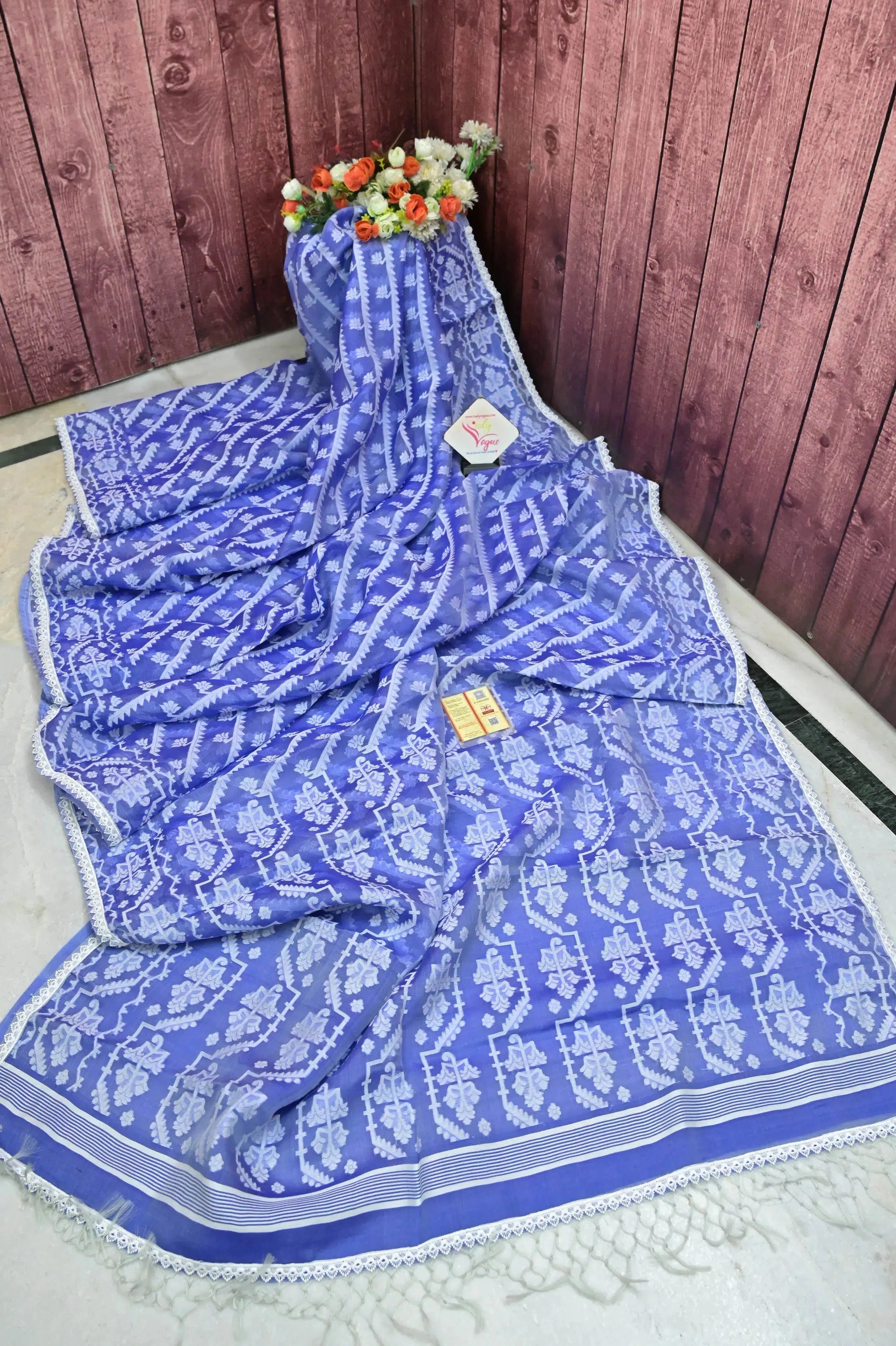 Light Indigo Blue Color Pure Bangladesh Muslin Saree with Allover Jamdani Weaving Work and Lace Work