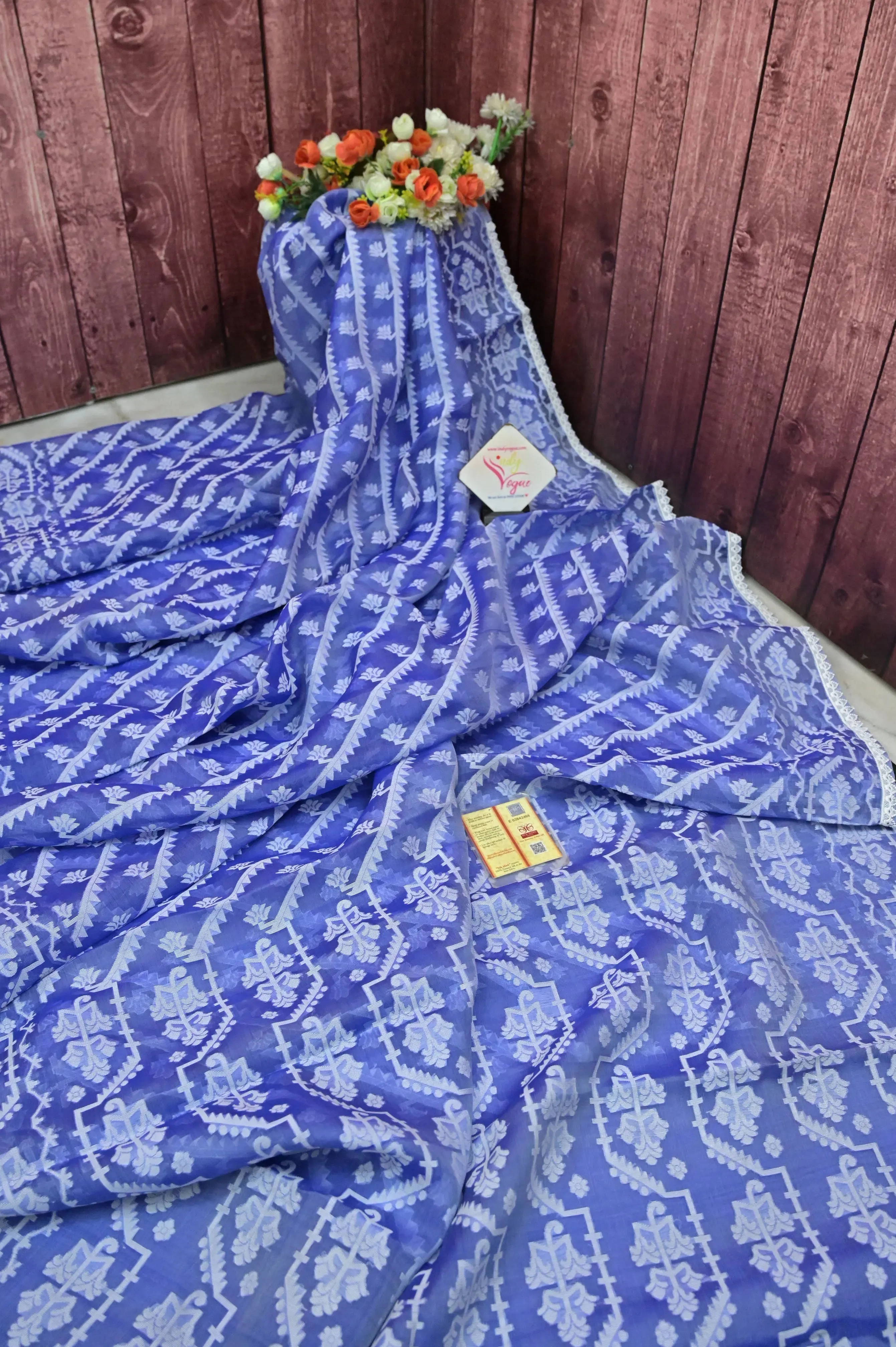 Light Indigo Blue Color Pure Bangladesh Muslin Saree with Allover Jamdani Weaving Work and Lace Work