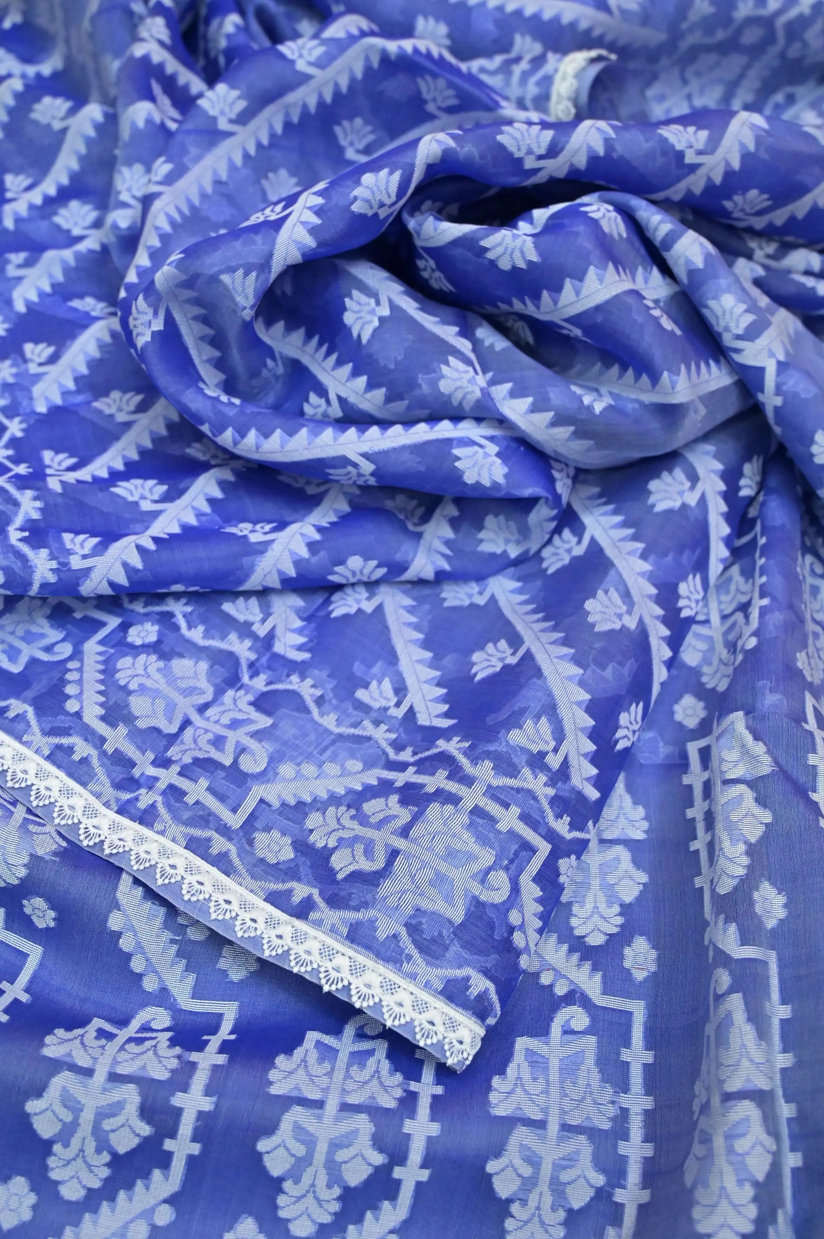 Light Indigo Blue Color Pure Bangladesh Muslin Saree with Allover Jamdani Weaving Work and Lace Work