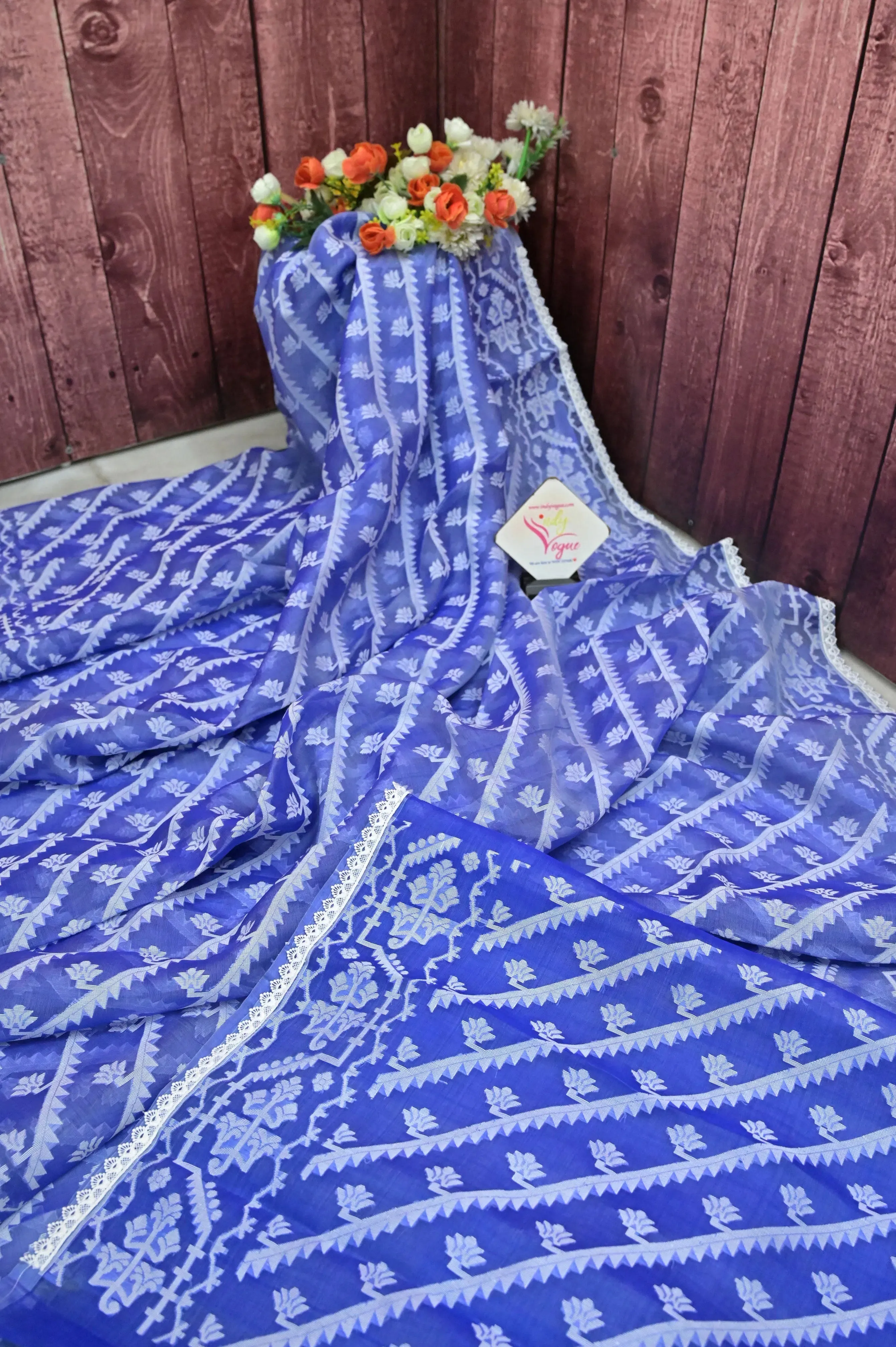Light Indigo Blue Color Pure Bangladesh Muslin Saree with Allover Jamdani Weaving Work and Lace Work