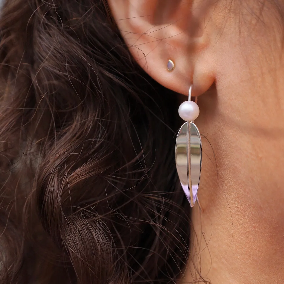 Long Leaf with Pearl Earrings