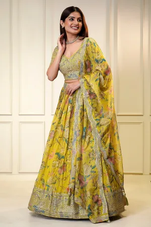 Luminous Lime Yellow Floral Printed Embellished Lehenga Choli