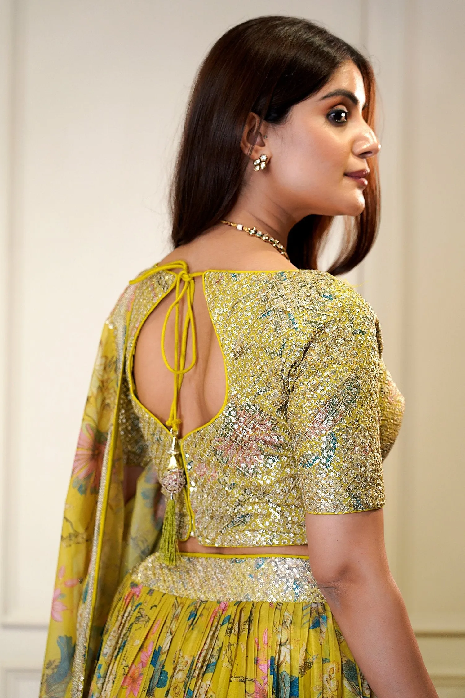 Luminous Lime Yellow Floral Printed Embellished Lehenga Choli