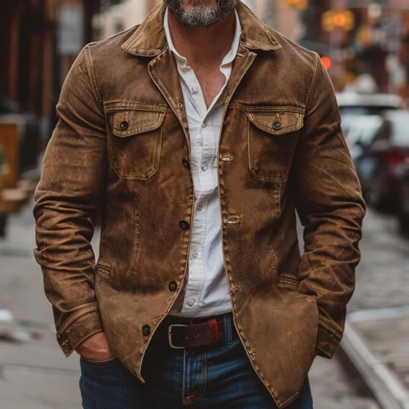 Men's Vintage Heavy Washed Leather Lapel Single Breasted Multi-Pocket Work Jacket
