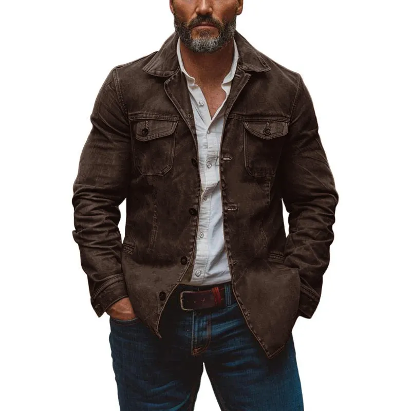 Men's Vintage Heavy Washed Leather Lapel Single Breasted Multi-Pocket Work Jacket
