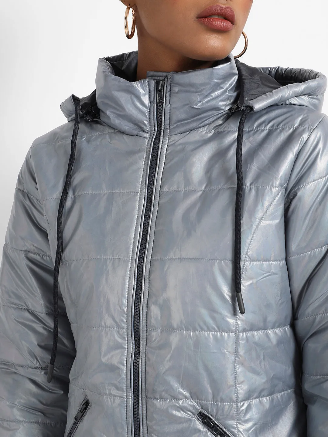 Metallic Quilted Puffer Jacket With Zip Closure