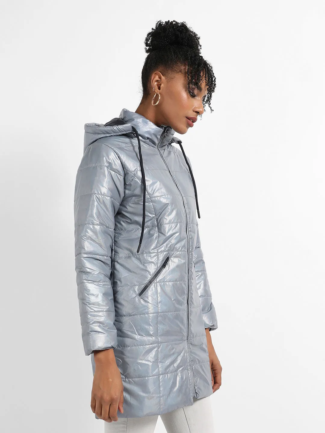 Metallic Quilted Puffer Jacket With Zip Closure