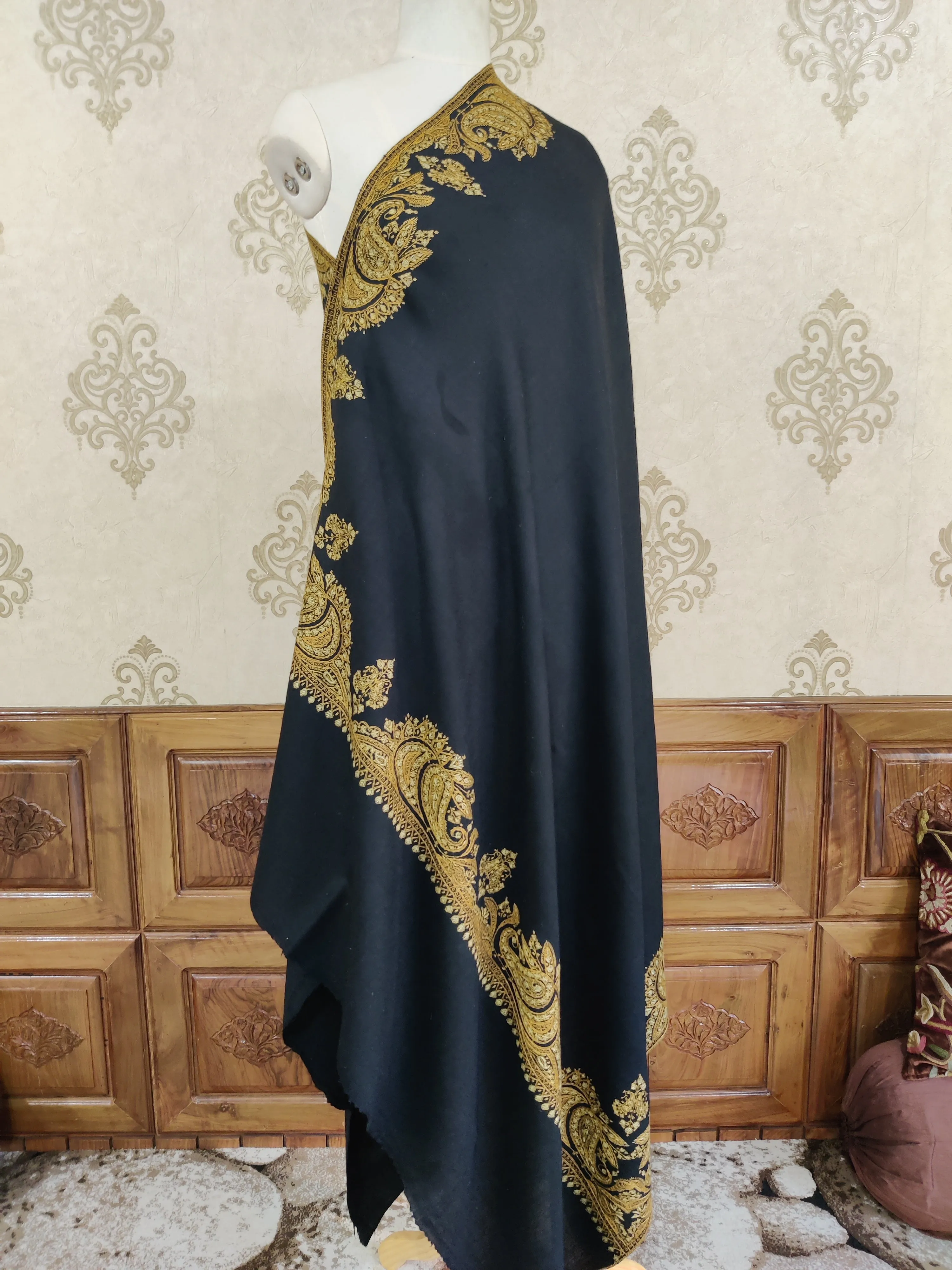 Midnight Black Merino Wool Shawl with Opulent Gold Sozni Hand Embroidery