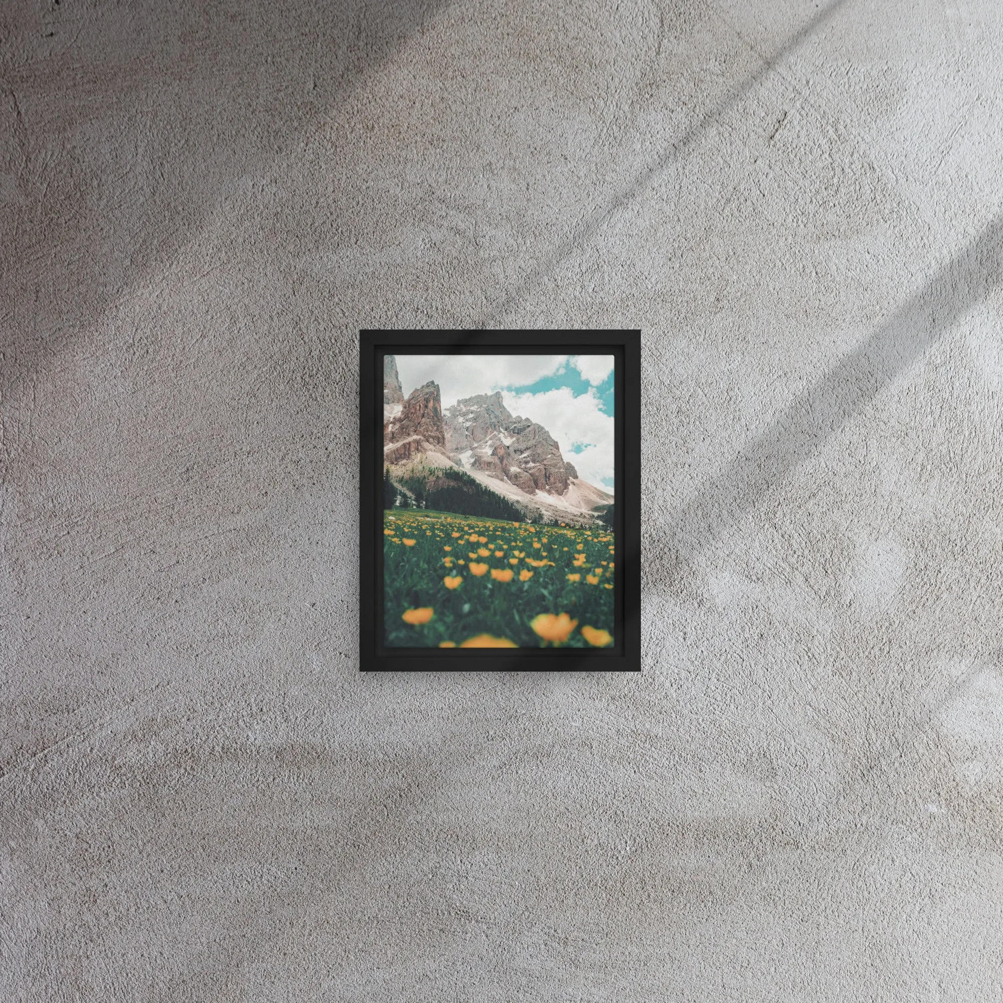 Mountain Flower Fields Yellow Framed Canvas Print