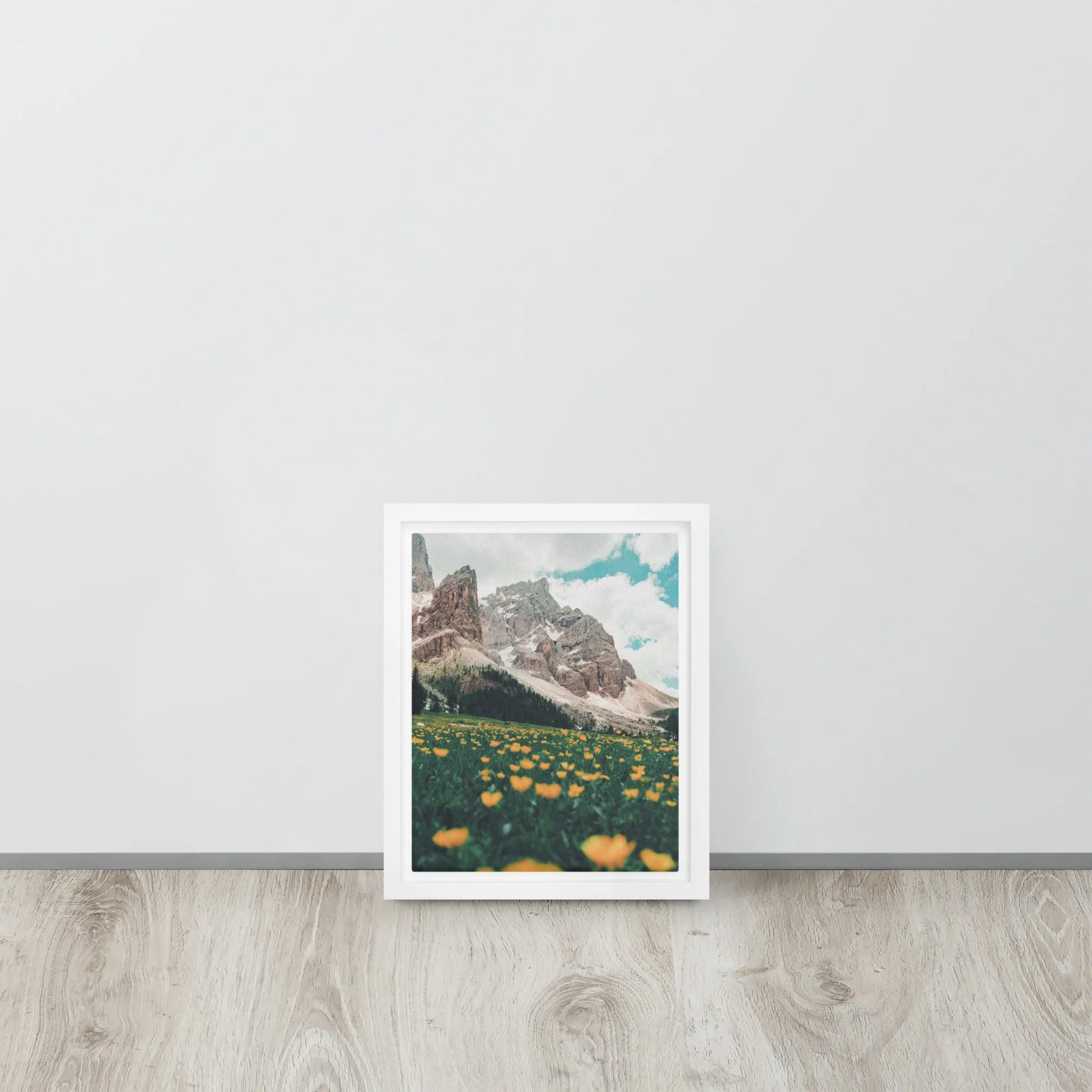 Mountain Flower Fields Yellow Framed Canvas Print