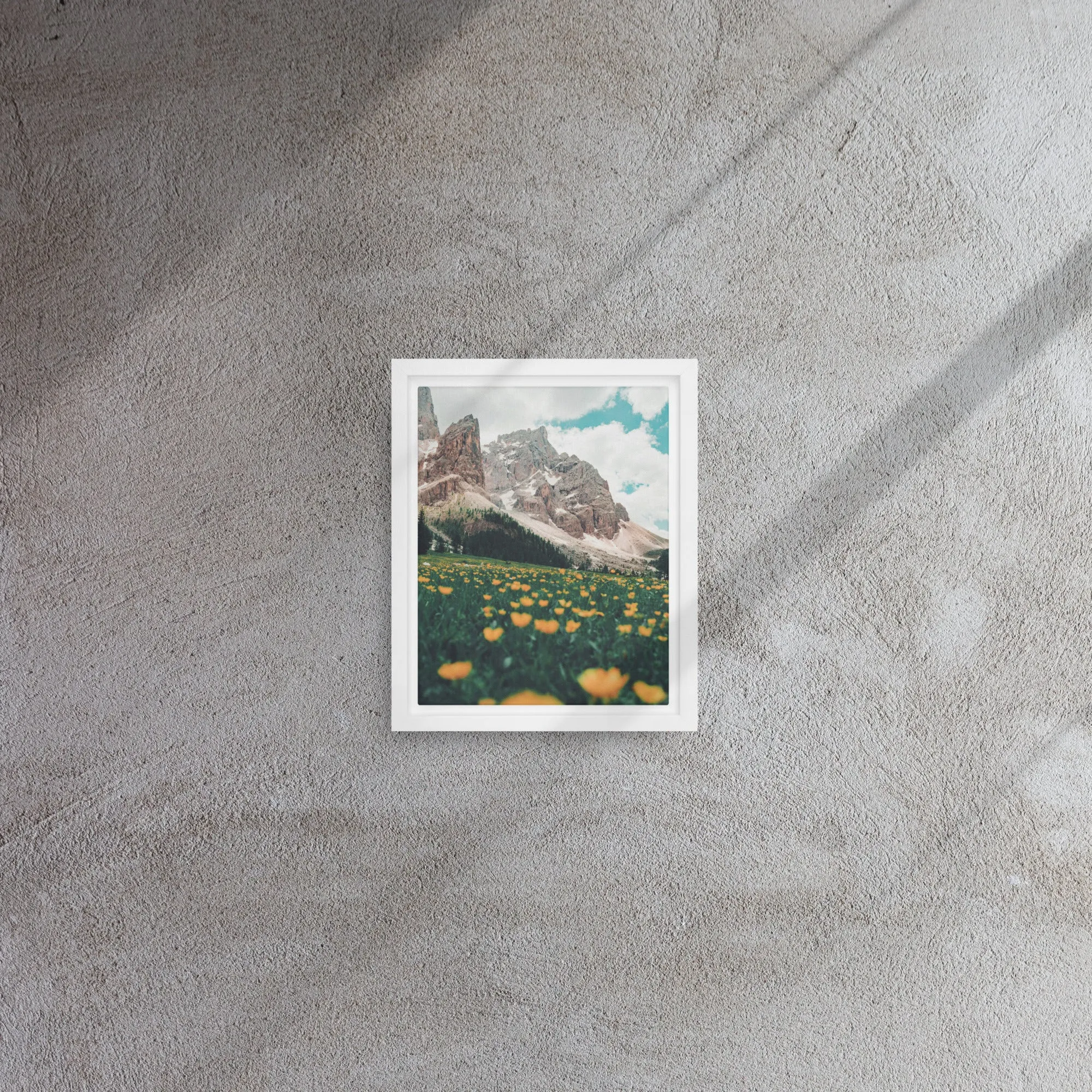 Mountain Flower Fields Yellow Framed Canvas Print