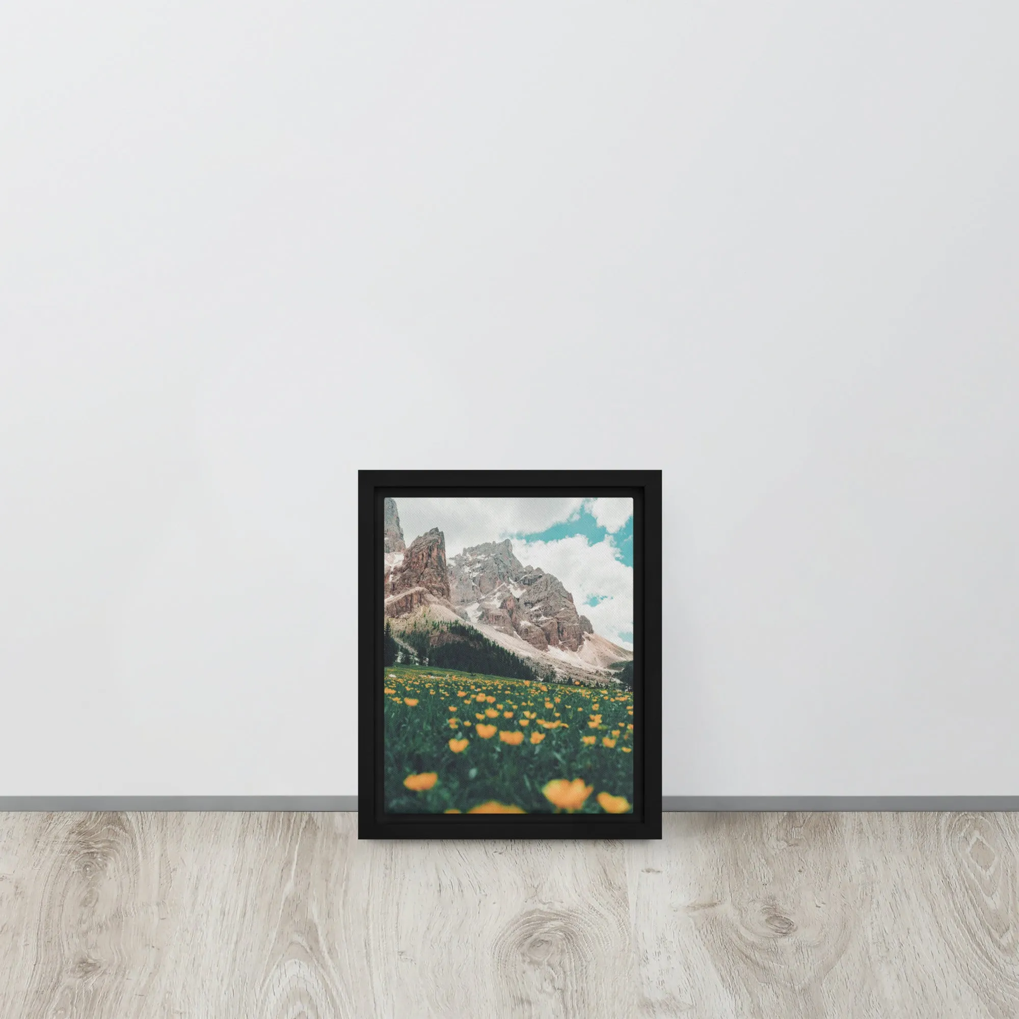Mountain Flower Fields Yellow Framed Canvas Print